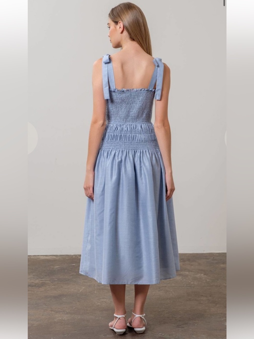 Moon River Anthropologie Shirred Midi Dress Blue Ribbon Tie Straps Ruffle Large - Picture 3 of 13